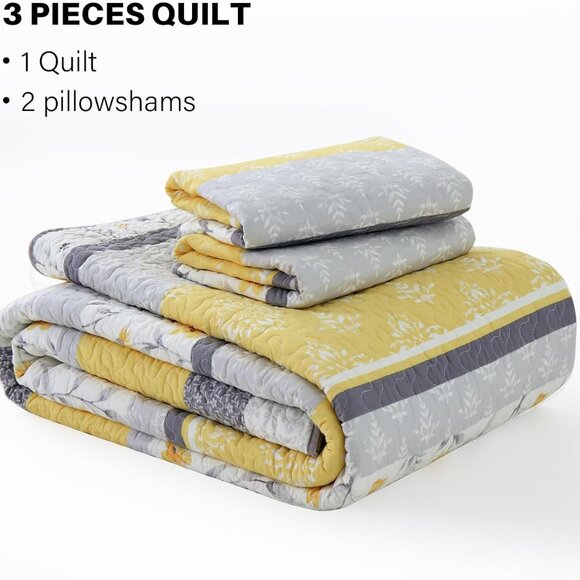 100% Cotton Quilt King/ Yellow Floral Bedding Set / 1 Quilt, 2 Pillow cases - Picture 3 of 4